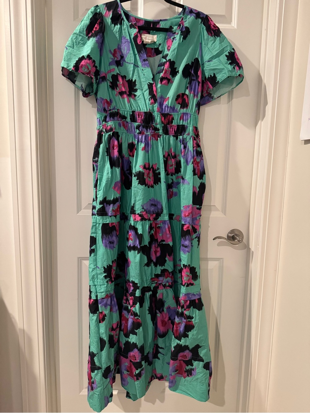 Anthropologie Somerset Mint Green Floral Maxi Dress with Pink & Purple Blooms